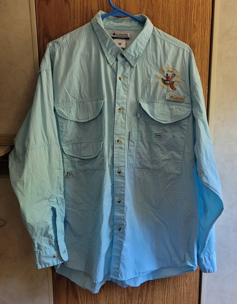 Columbia PFG Mens Large Blue Vented Fishing Shirt Joshua Creek Ranch Texas Logo